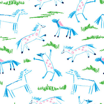 Vector seamless pattern with crayon children drawing of primitive blue horses and green grass on the white background. Kids hand drawn animal pattern in simple sketch style with horse.