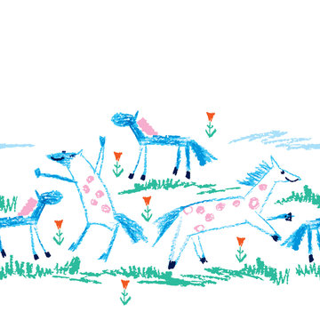 Vector seamless pattern with crayon children drawing of primitive blue horses, green grass and red flower on the white background. Kids hand drawn animal pattern in simple sketch style with horse.