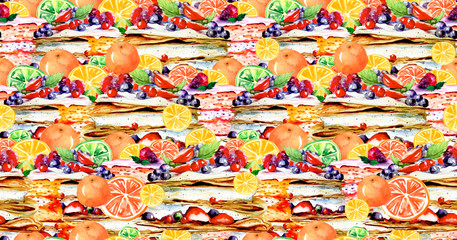 Seamless pattern with watercolor hand painted sweet and tasty cakes, pie, cream cake with strawberry,blueberry. Portion biscuit pie with strawberries.It can be used for wallpaper,fabric design,banner