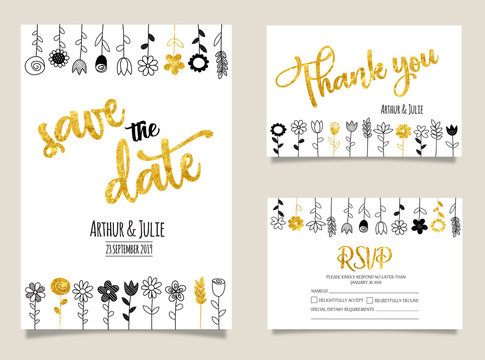 Wedding cards collection with hand drawn plants.Vector trendy flowers. Modern set of abstract card, template,posters,invitation