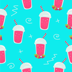 Strawberry bubble drink smoothie seamless pattern with memphis blue background