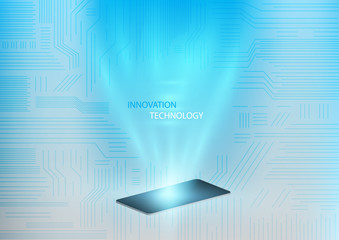 Obraz premium Hologram light with circuit board as backdrop. Futuristic design concept. Abstract digital and innovation technology background. Vector Illustration.