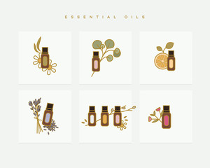 Set of colorful vector icons depicting essential oil bottles