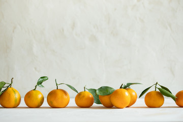 Row of orange mandarins with green leaves on bottom on white table on white textured background.