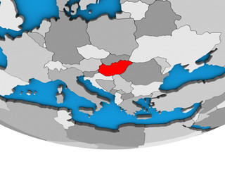 Hungary on simple political 3D globe.
