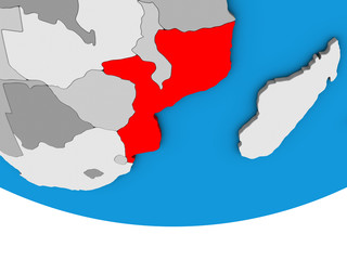 Fototapeta premium Mozambique on simple political 3D globe.