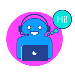 The vector illustration of online chatbot character with computer.