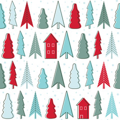 Obraz premium Trees and houses . Seamless vector pattern with a house in the forest.