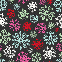 Naklejka na ściany i meble Colorful snowflakes on a dark background. Seamless vector pattern.