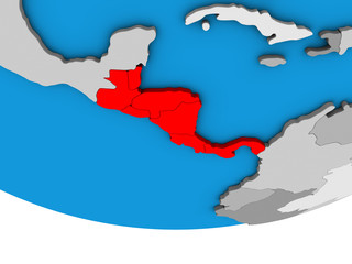 Central America on simple political 3D globe.