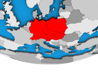 Central Europe on simple political 3D globe.