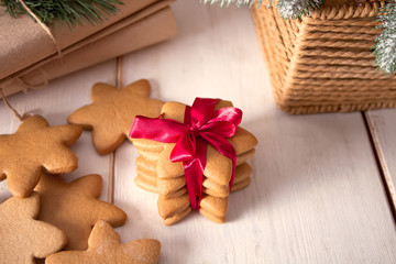 Christmas cookies with decoration on the wooden table