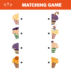 Matching game. Educational children activity with Halloween cupcakes