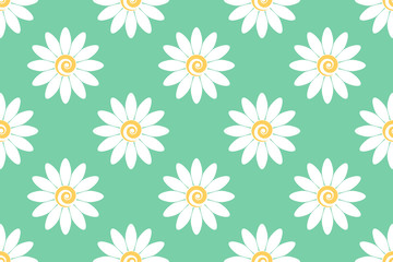 Flower pattern with chamomiles. Seamless white and green ornament. Graphic vector background. Ornament for fabric, wallpaper, packaging