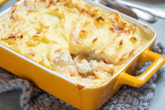 Fish pie topped with mashed potato