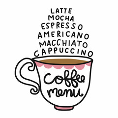 Coffee menu cartoon doodle style vector illustration 