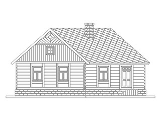Rural house from processed logs. Angle connections with square logs. Vector illustration. White silhouette.