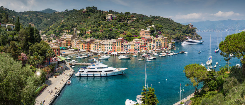The incredibly beautiful Italian coastal town of Portofino in panoramic view