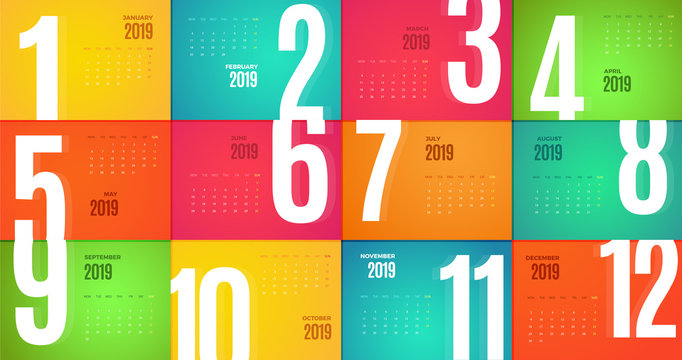 Wall Monthly Calendar 2019 year. Vector colorful template