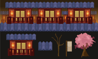 Ninja game background, 2D parallax side scrolling game assets. Materials and textures for the game. Platform Vector illustration
