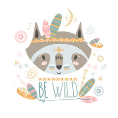 Cute indian baby raccoon. Hand drawn vector illustration. For ki