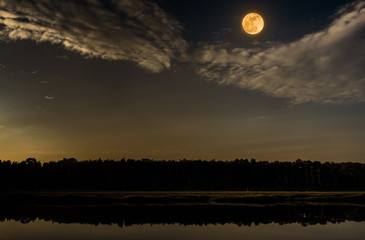 Night sky and full moon at seaboard. Serenity nature background.