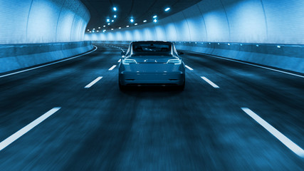 Fototapeta premium Modern Electric car rides through tunnel with cold blue light style 3d rendering