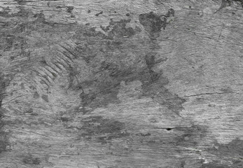Black and white view. The surface of old wooden board is patterned and cracked with grunge stain.