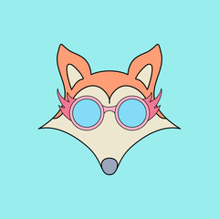 Fox with glasses.Face isolated animal for decoration. Children's drawing. Delicate colors.