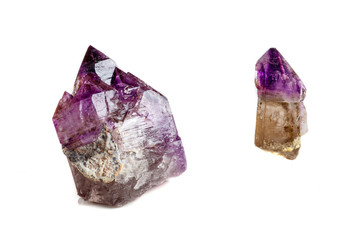 Macro Mineral Stone Amethyst together smoky quartz, rauchtopaz on a white background