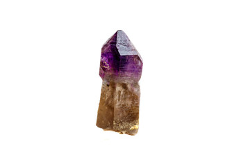 Macro Mineral Stone Amethyst together smoky quartz, rauchtopaz on a white background