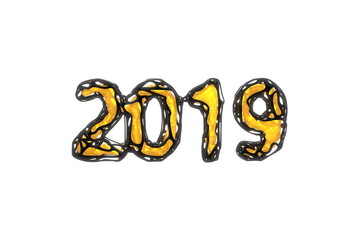 Happy New Year Banner with 2019 Numbers made by bright glossy plastic wired black shell and orange glowing lowpoly faceted core inside isolated on white Background. abstract 3d illustration