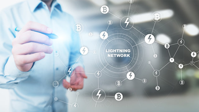 Lightning network communication in cryptocurrency technology. Bitcoin and internet payment concept on virtual screen.