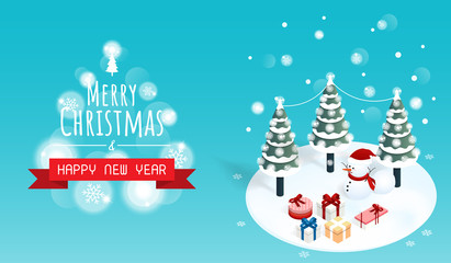 merry christmas and happy new year, isometric christmas tree snow  gift box vector