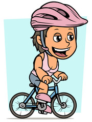 Cartoon brunette girl character riding on bicycle
