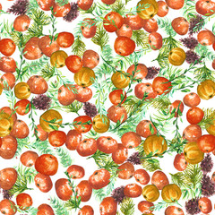 Seamless watercolor background with oranges and tangerines, watercolor illustration.