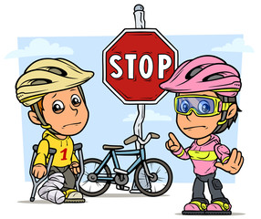 Cartoon boy and girl characters with bicycle