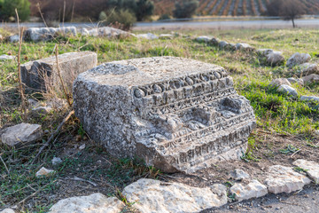 The remains  of the column on the ruins of the destroyed Roman temple, located in the fortified city on the territory of the Naftali tribe. Tel Kadesh in the north of Israel