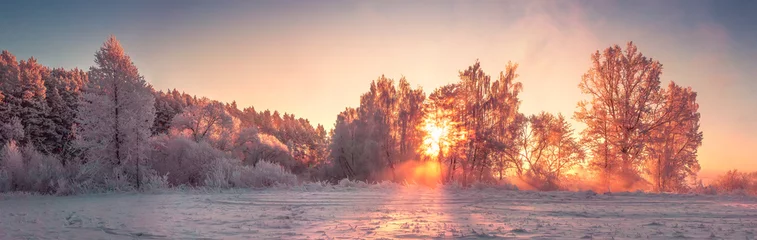 Fototapete Lavendel Panorama der Winternaturlandschaft bei Sonnenaufgang. Weihnachtshintergrund