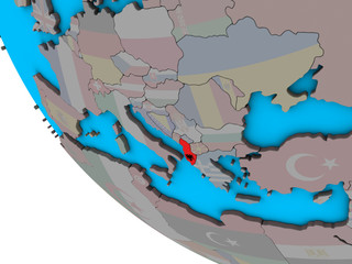 Albania with embedded national flag on simple 3D globe.