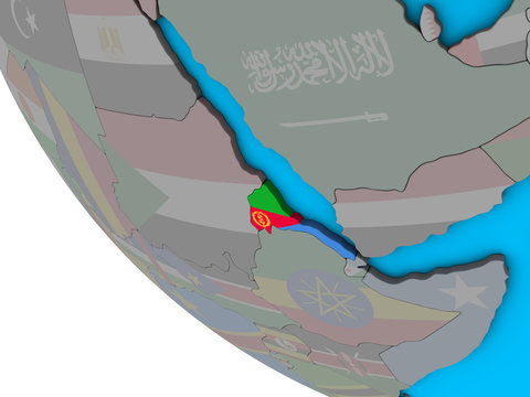 Eritrea with embedded national flag on simple 3D globe.