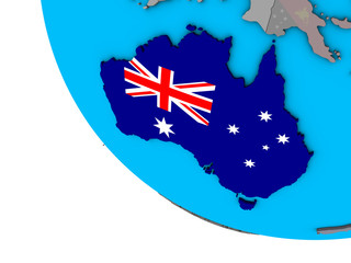 Australia with embedded national flag on simple 3D globe.