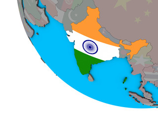 India with embedded national flag on simple 3D globe.