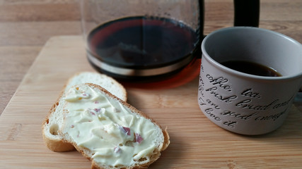 Bread with cheese and coffee