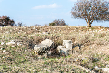 The remains  of the columns on the ruins of the destroyed Roman temple, located in the fortified city on the territory of the Naftali tribe. Tel Kadesh in the north of Israel