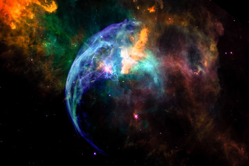 Landscape background of fantasy alien galaxy nebula with colorful glowing spherical clouds and stars. The elements of this image furnished by NASA.