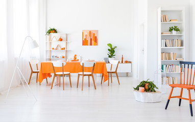 Bright dining room interior with window with drapes, rack with books, fresh plants and table with orange tablecloth, four chairs and dinnerware in the real photo