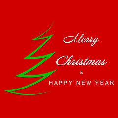 Christmas greeting card with white lettering and green christmas tree silhouette on red background. Vector illustration.