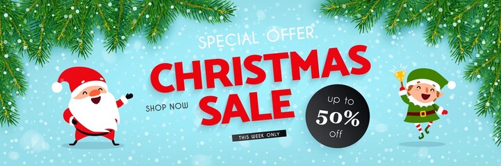 Christmas sale, banner with Santa Claus, elf, snow, christmas tree, Vector llustration - 233206714