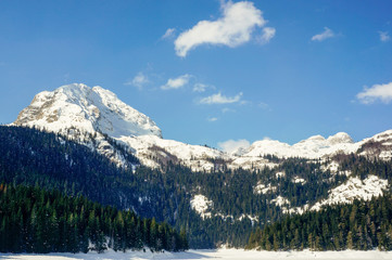 Snow covered mountain peaks and a  pine forest. Winter landscape in Durmitor National Park, Montenegro. 